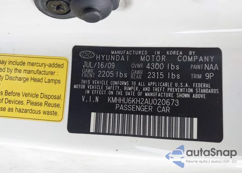 2010 Hyundai Genesis 3.8 Track from USA, damaged, VIN KMHHU6KH2AU020673